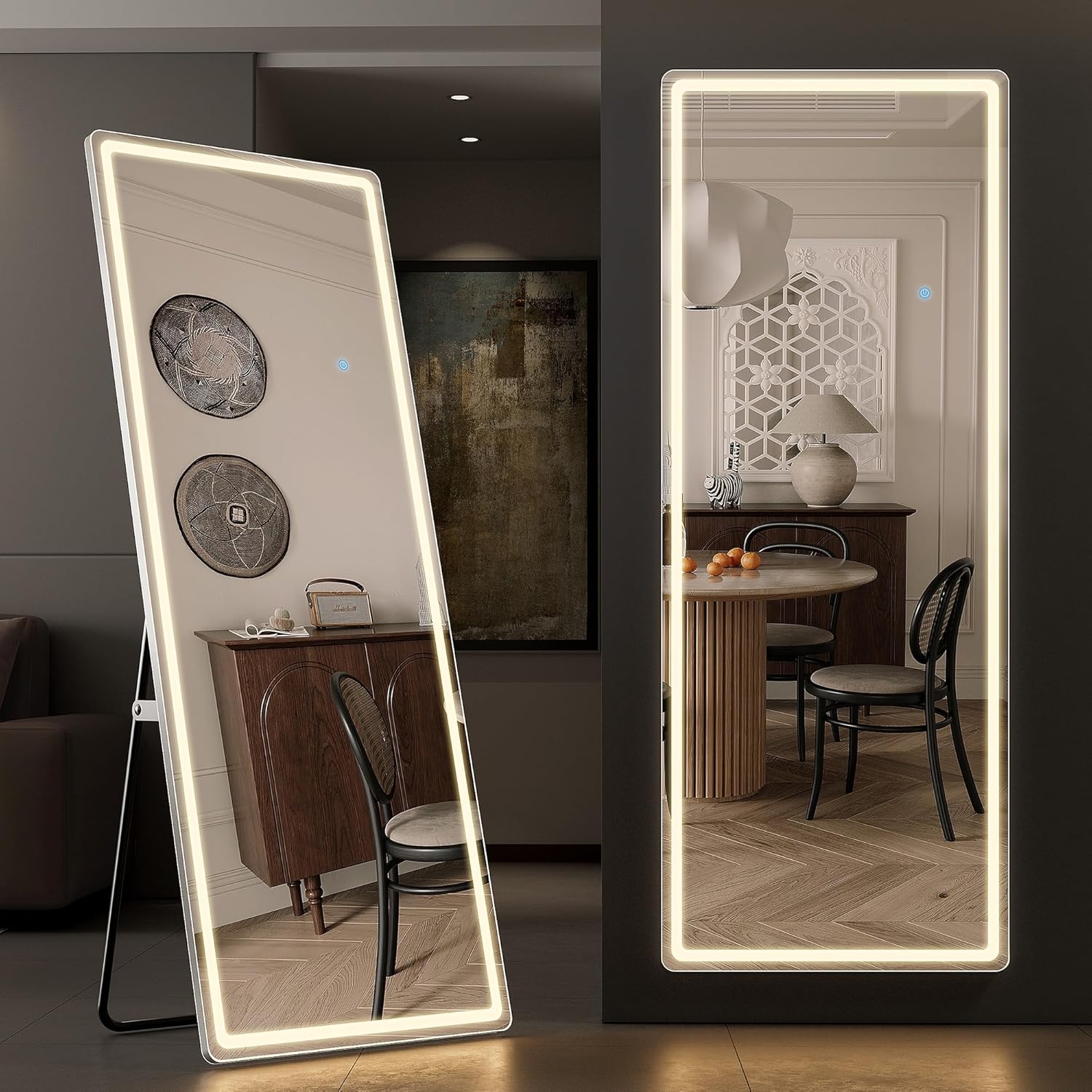 64"x21" Full Length Mirror with LED Lights, Hanging Mounted Mirrors, Aluminum Frame Mirrors with Dimming & 3 Color Lighting, Lighted Full Body Mirror for Bedroom, Dressing Room, Cloakroom Rectangular 64"L x 21"W