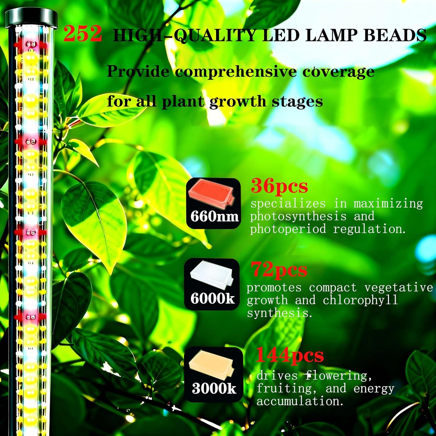 Standing Grow Lights for Indoor Plants, 6000K Full Spectrum Plant Lights with Timer, 252 LEDs Vertical Grow Lights,10 Dimmable Levels, Adjustable Height Plant Growing Lamp, 120° Wide Coverage
