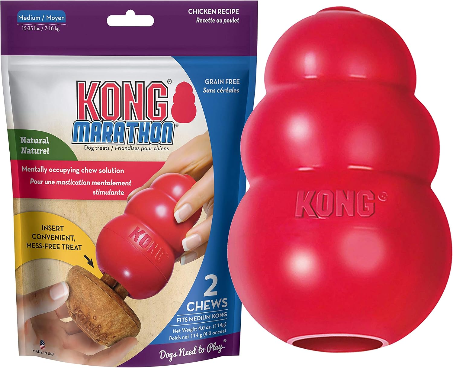 KONG - Classic Durable Dog Toy and Marathon Chew Treat Combo (2 Pieces) - Chicken, Medium