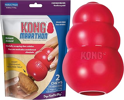Amazon Com Kong Classic Durable Dog Toy And Marathon Chew Treat Combo 2 Pieces Chicken Large Pet Supplies