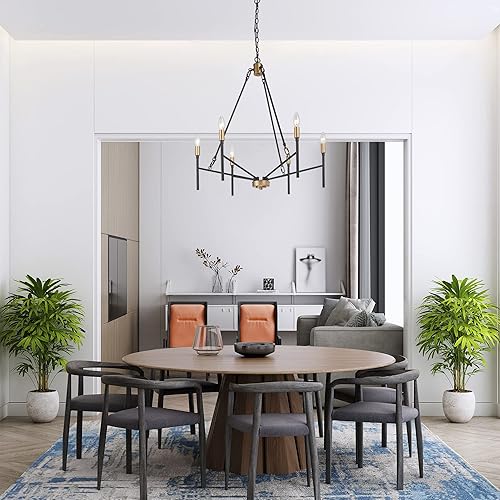 Miniatura 3 de LALUZ Candelabro negro y dorado, lámpara moderna de mediados de siglo de 6 luces, lámpara de araña grande de 27 pulgadas con soporte para lámpara de