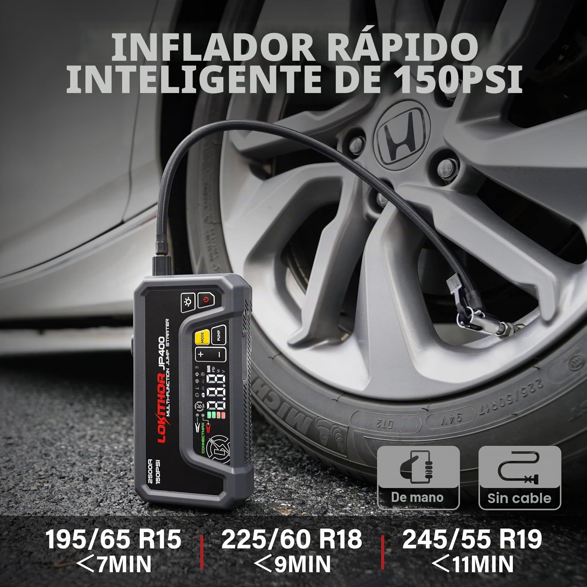 LOKITHOR JP400 Arrancador de Coches Portátil 2500A con Compresor | Cargador Inteligente 6V/12V con Mantenimiento y Desulfatación, Para Gasolina 8,5L y Diésel 6,5L