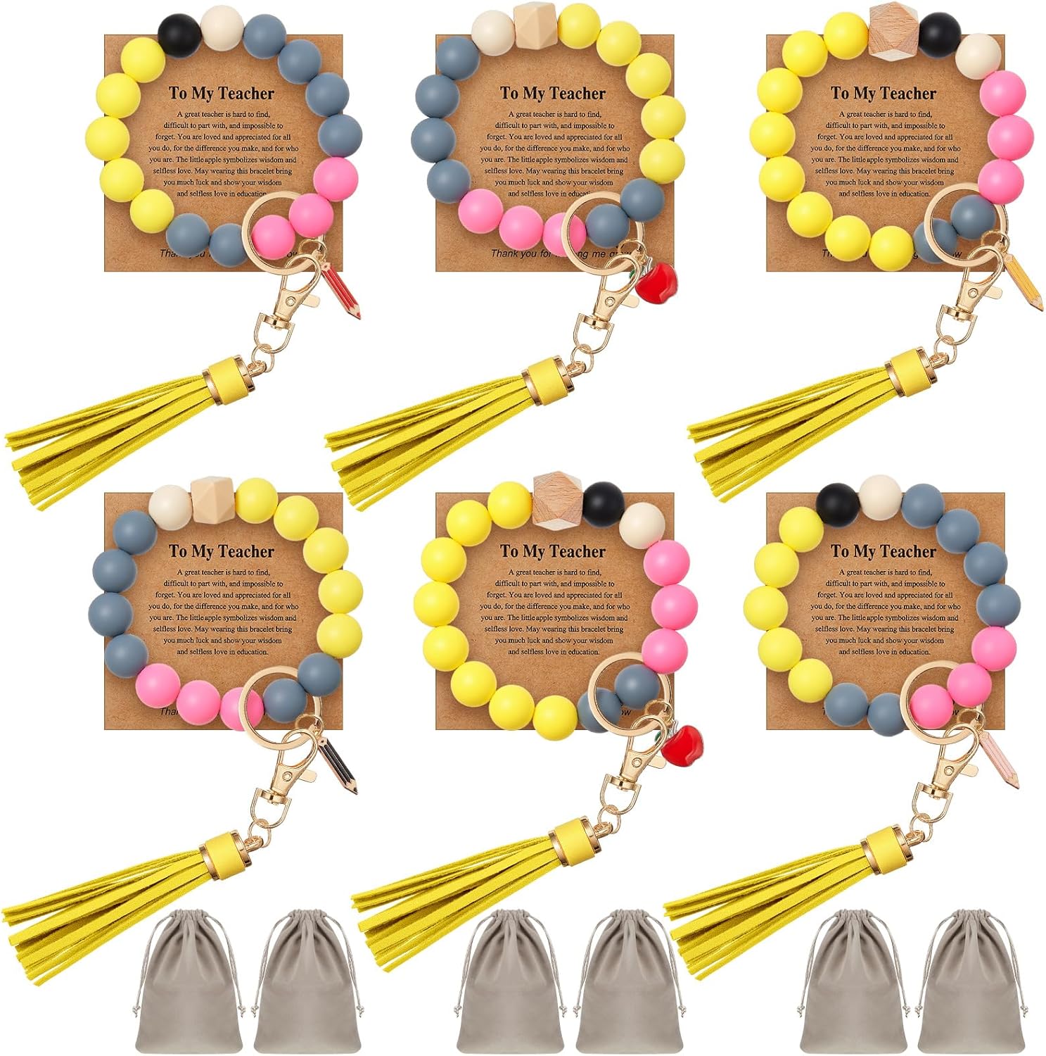 Landical 1/4/6 Set Teacher Appreciation Gift Bulk Wristlet Keychain Bracelet for Women Car Key Chain Thanks Card Giit Bags