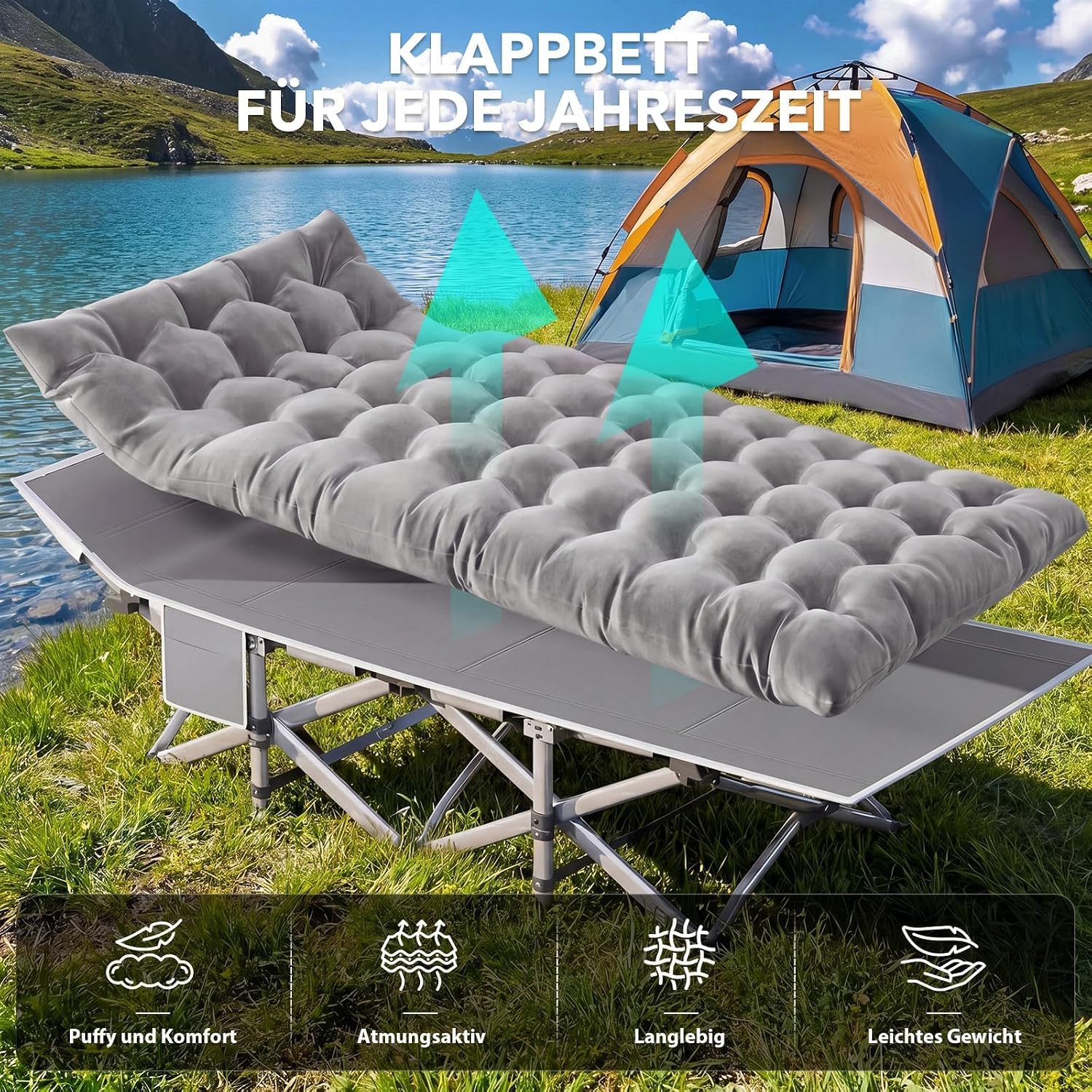 XXL Campingbett Feldbett 190 x 80 x 37 cm Feldbett Klappbar mit Matratze, Klappbett mit Seitentasche, Camping Bett 2 Personen Campingliege, Faltbar Gästebett bis 308 kg für Outdoor Indoor Reisen