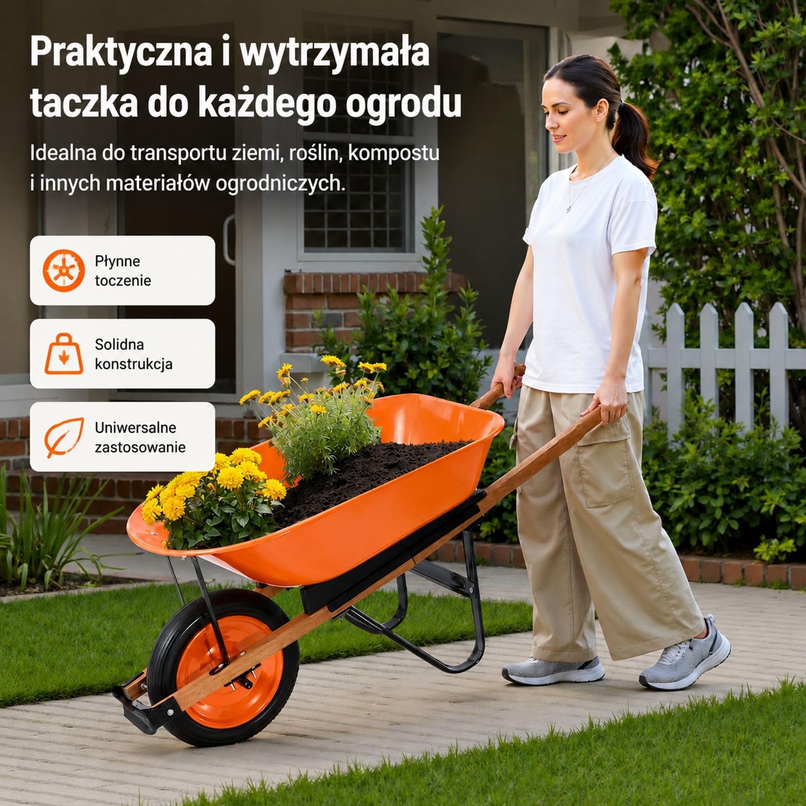 Pomarańczowo czarna taczka ogrodowa jednokołowa z żelaza i PU do ogrodu trawnika i gospodarstwa
