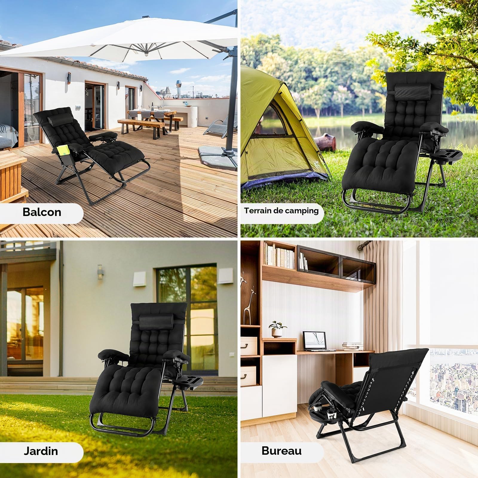TLGREEN Lot de 2 transats Jardin extérieur Pliables, Bain de Soleil avec Coussin, Fauteuil élargie, Dossier réglable, Porte-gobelet, Charge Max 160 kg, pour Jardin,terrasse, Piscine (Noir)