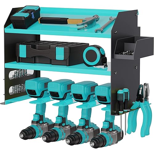 Drill Storage Rack，Power Tool Organizer Drill Holder Wall Mount， Drill Organizer for Garage, Workshop,Drill Bit Storage Shlef, Holds 4 Drills with Screws Box Father's Day Gifts (Blue)