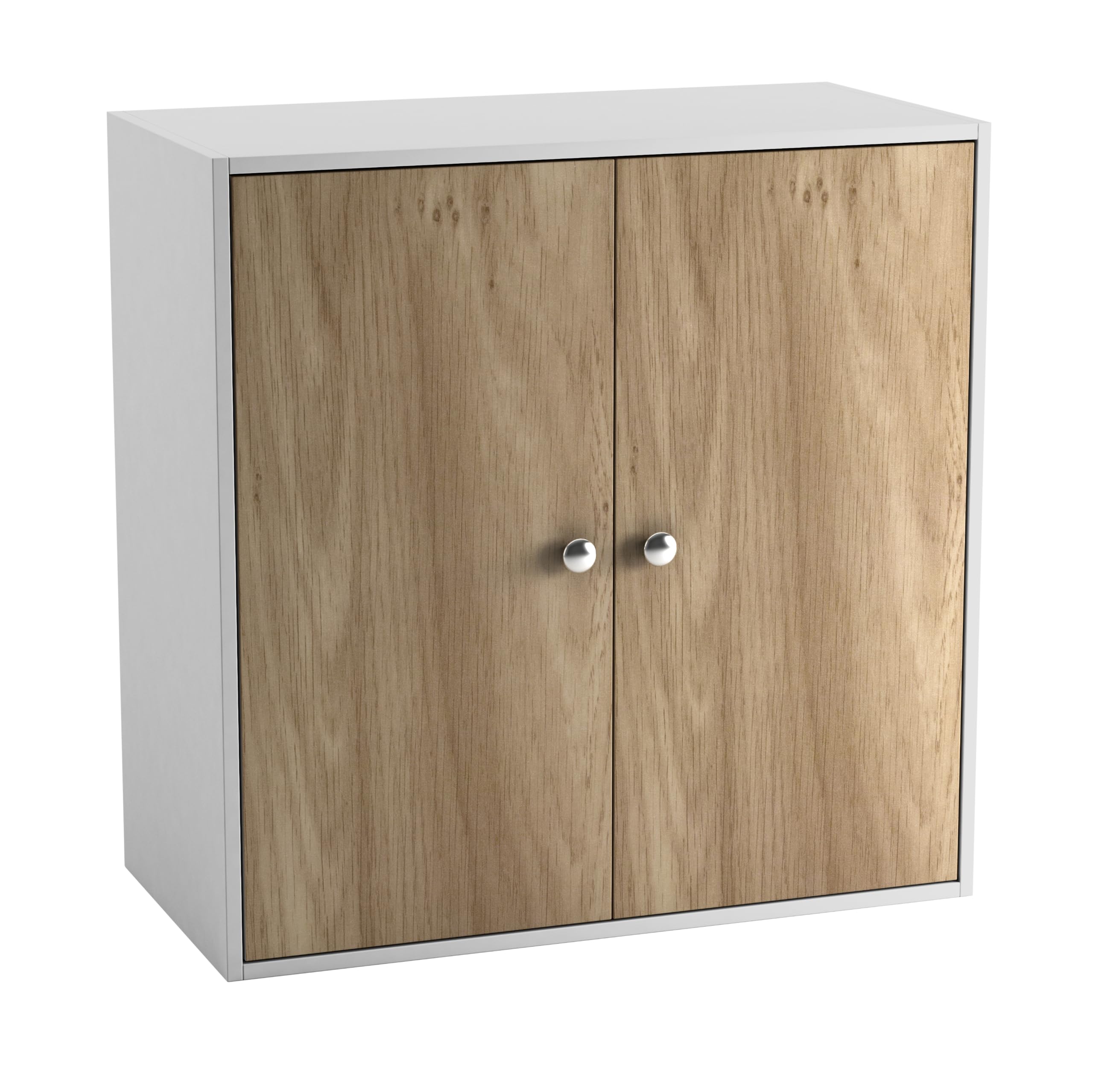 URBNLIVING 2 Tier Wooden Storage Cabinet Cupboard with Shelves Optional Doors Bedroom Bedside Unit Living Room Hallway Furniture (White & Oak Door)