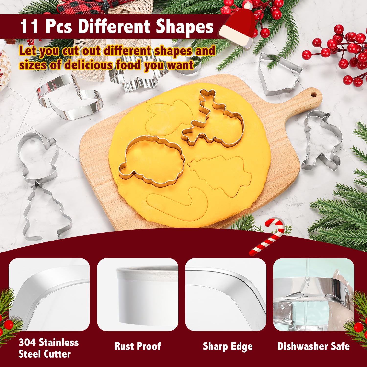 Juego de 11 cortadores de galletas de Navidad, cortadores de galletas de acero inoxidable con copo de nieve, muñeco de nieve, campana y más para manualidades, suministros de decoración de fiesta de