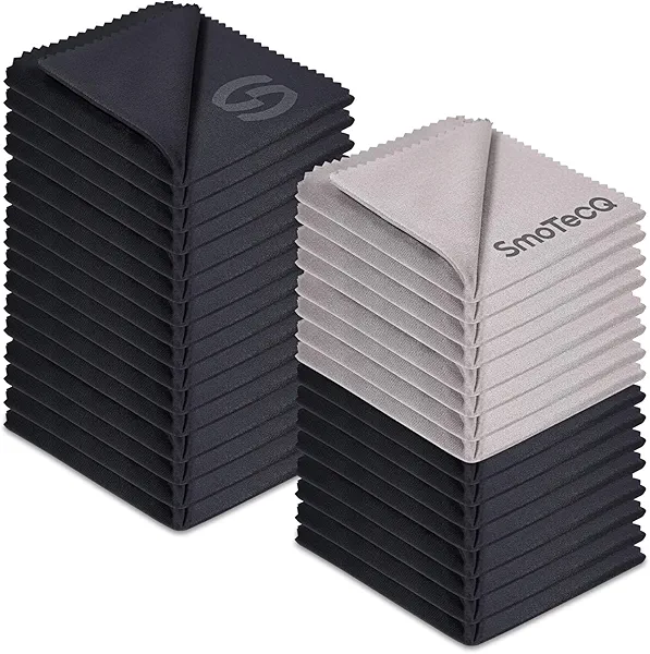 SmoTecQ 32-Pack Microfiber Glasses Cleaning Cloths - 7"x6" Ultra-Soft, Individually Wrapped & Reusable for Eyeglasses, Lenses, Screens & More (24 Black, 8 Gray)