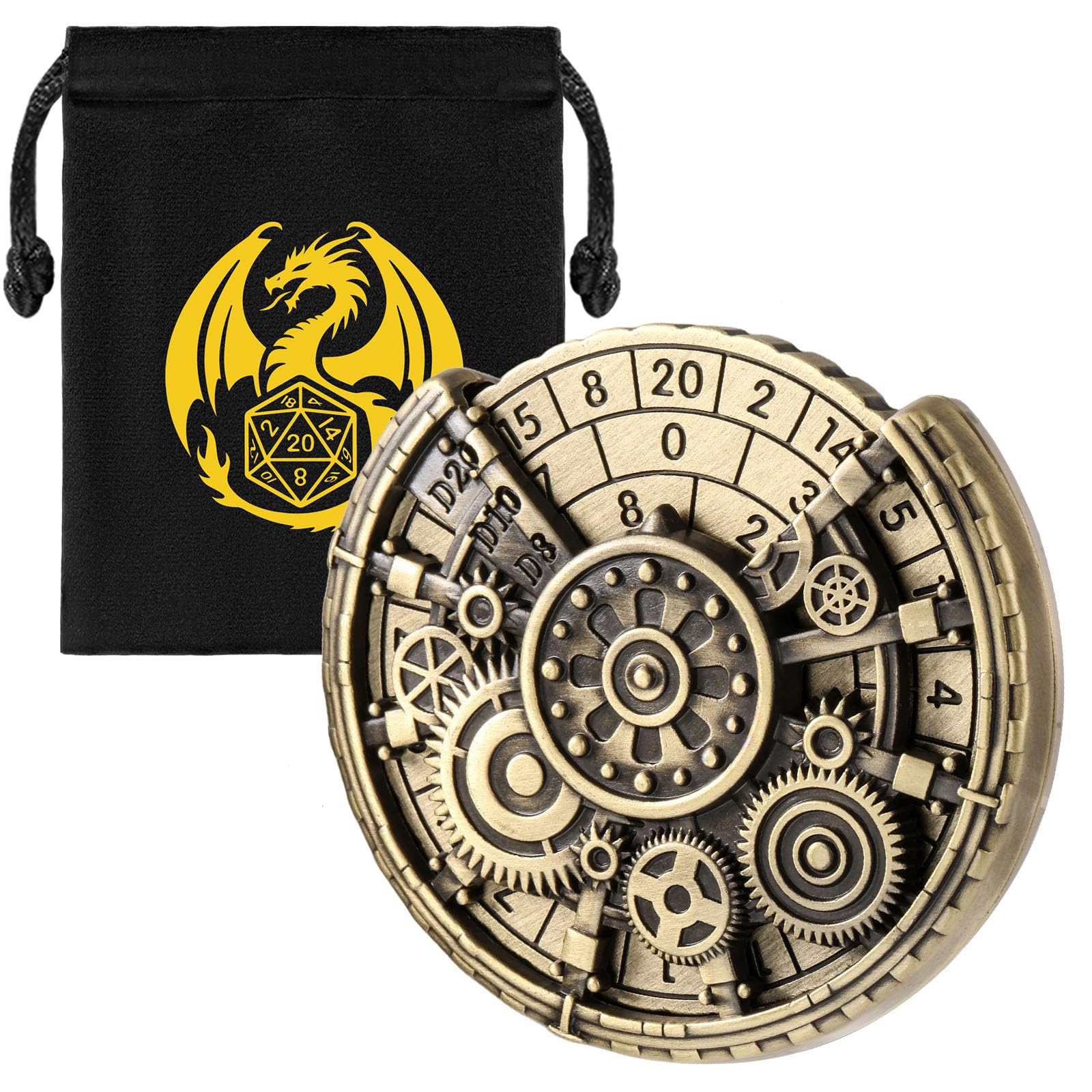 DND Wheel Dice Spiner, Fingertip Gyro, 7-in-1 Gear Metal D&D Dice, DND Starter Set, Gear Roulette Dice Spinner, D&D Gifts with Dragon Gift Bag, Role Playing Board Game Accessories, Bronze 