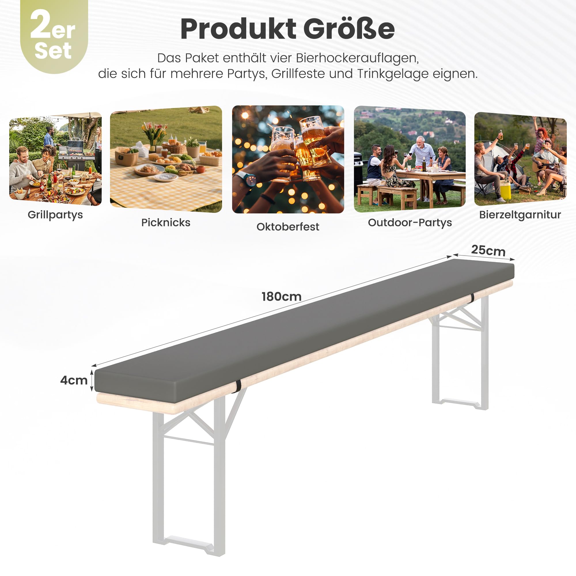 Amopatio 2er Set Bierbankauflage gepolstert, 180x25x4 cm XL Biertischgarnitur Auflagen Outdoor & Indoor, Bezug waschbar, Wasserdicht & UV-Schutz, Grau