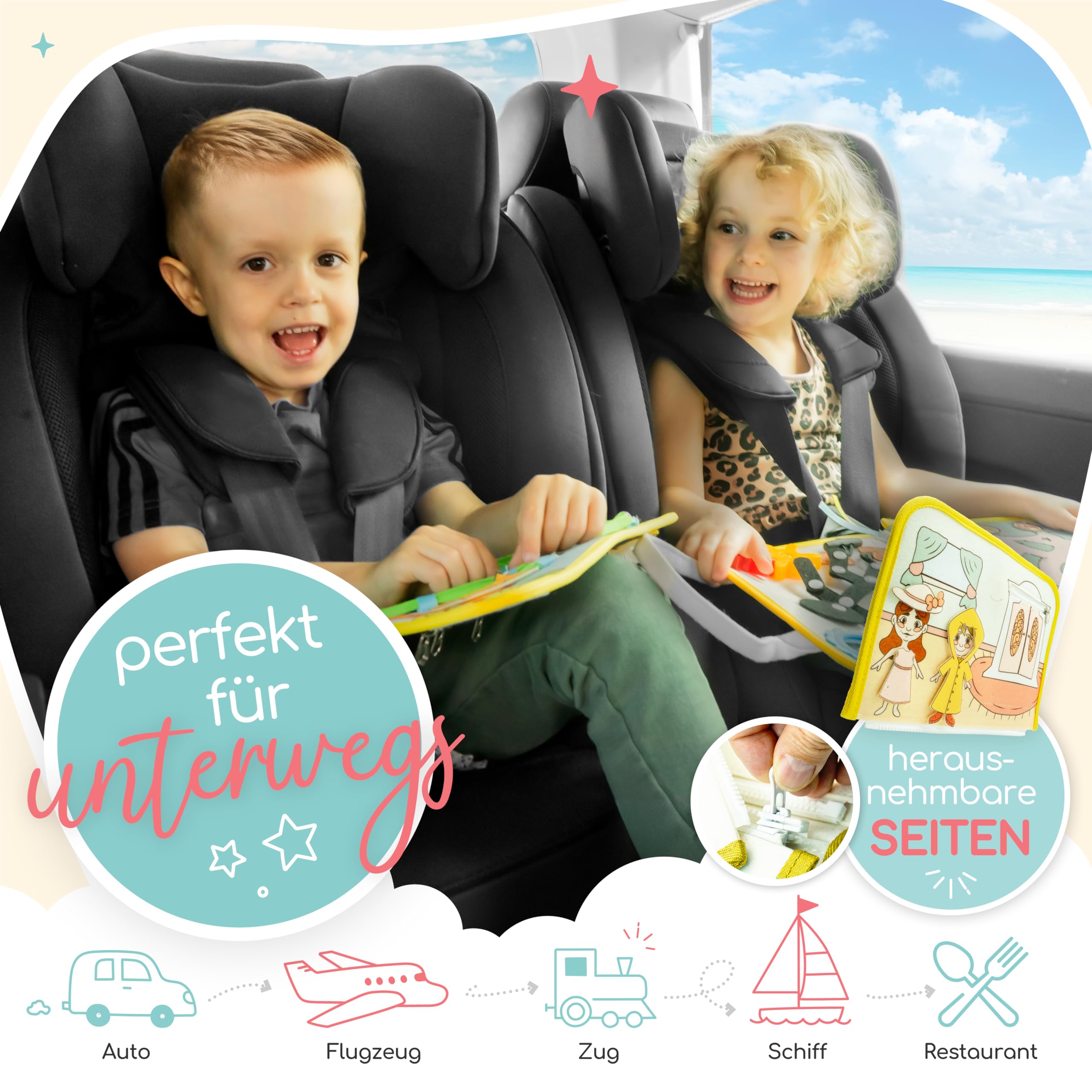 zoula kidz® Busy Board 3 Jahre - Activity Buch mit 8 Seiten - sicheres Montessori Buch für die Autofahrt und Activity Book zur Beschäftigung im Flugzeug & Reisespielzeug aus weichem Filz (Alpaka) - 5