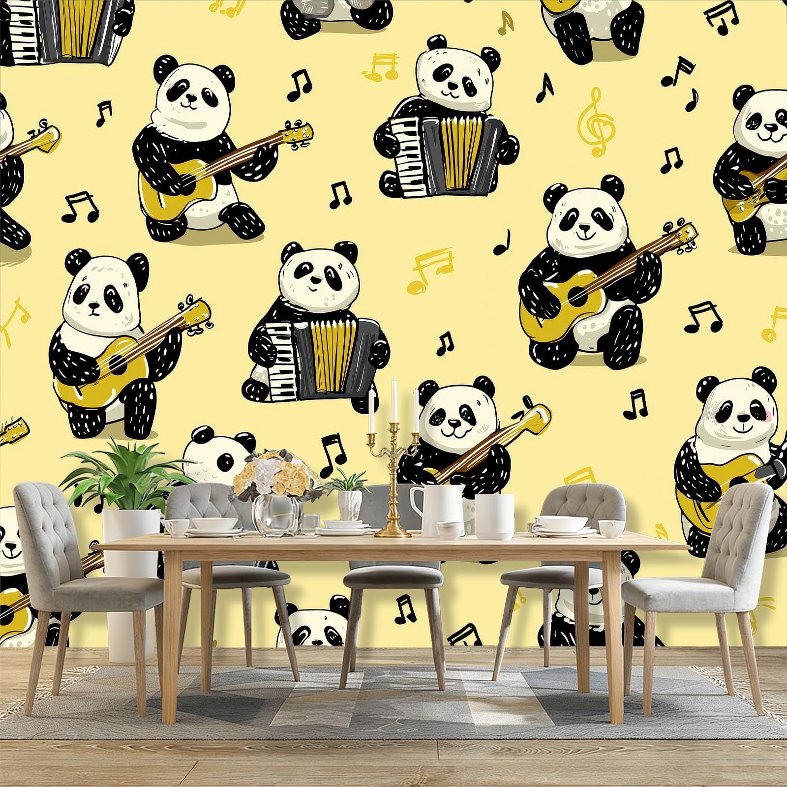 Panoramiczna tapeta 300 x 210 cm (dł. x wys.), kreskówka akordeon zwierzęta panda włóknina fototapeta do salonu restauracja tło telewizora dekoracja, żółty pokój dziecięcy gobelin ścienny