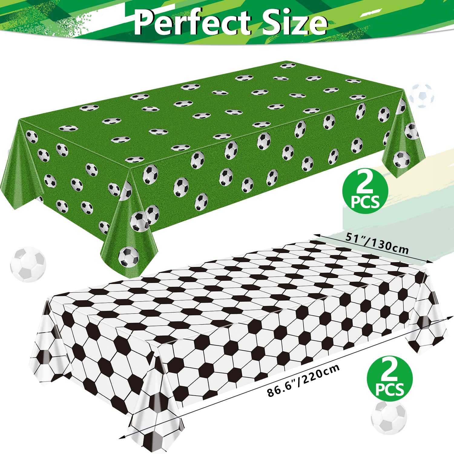 PTECDROTS 4Pcs Rectangular Soccer Tablecloths, Soccer Pattern Party Table Cover, 86 x 51 Inch, Black, Green