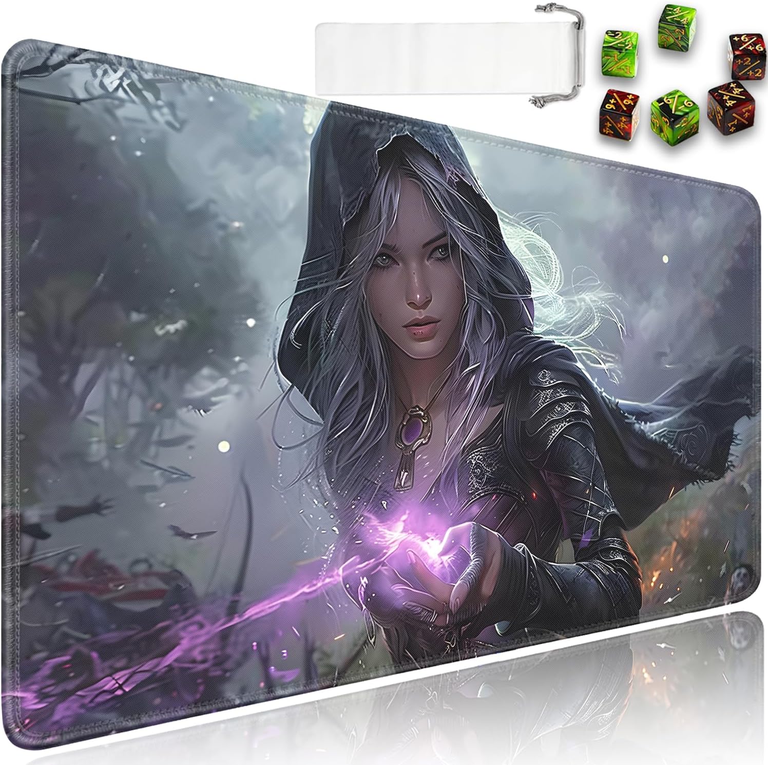 for MTG Playmat + Drawstring Travel Pouch + 6 Dice Counter, for Tabletop Trading Card Game Playmats or Mouse Pad, Anti-Slip Rubber 24 x 14 in, Anime Female Mage for TCG Playmat (No with Zone)