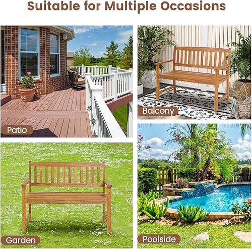 Miniatura 5 de HAPPYGRILL Banco de madera para patio con respaldo ergonómico y reposabrazos, banco para exteriores para 2 personas, marco de madera de acacia para