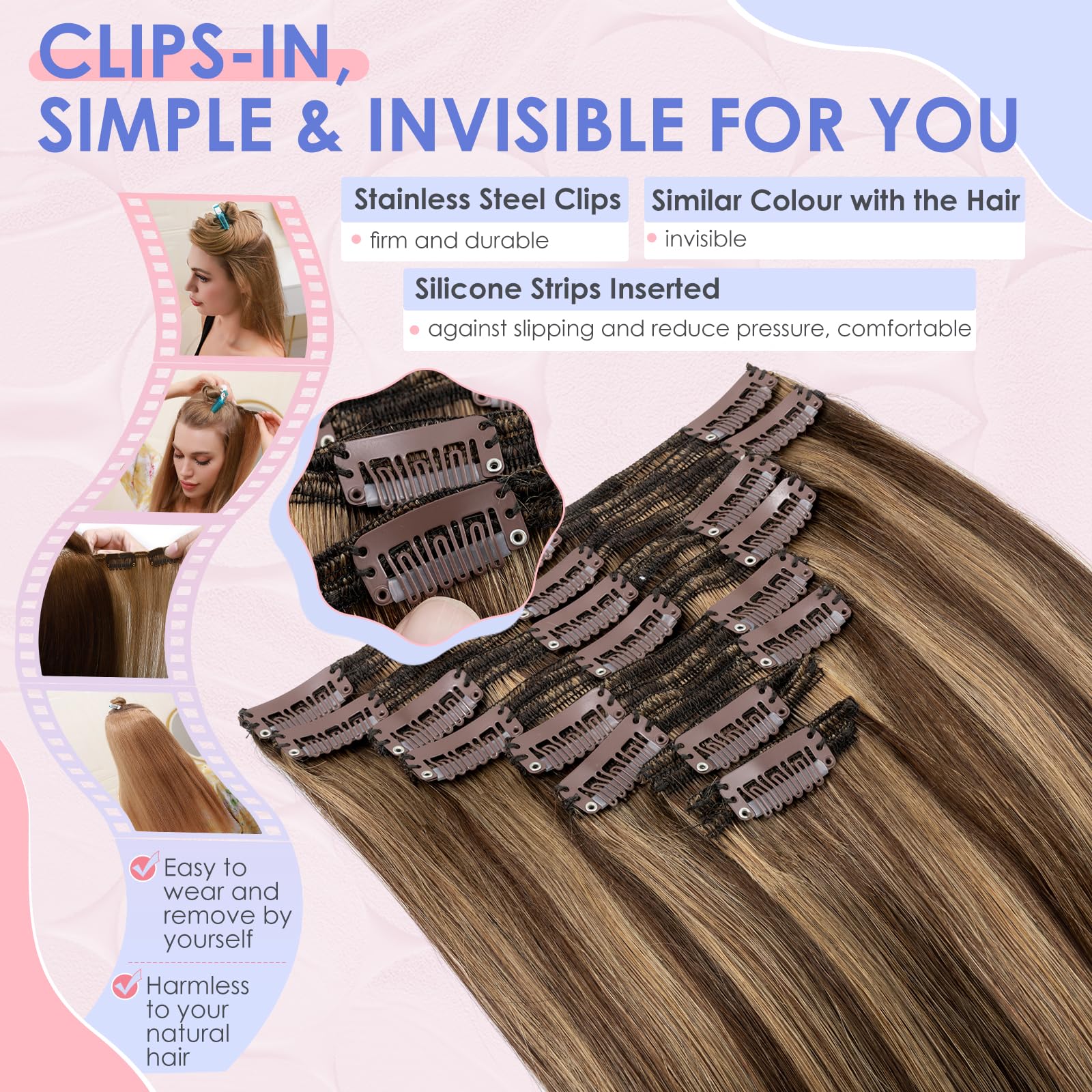 Elailite Double Weft Clip in Hair Extensions Real Human Hair Thick 8 Pieces Full Head Straight - Image 4