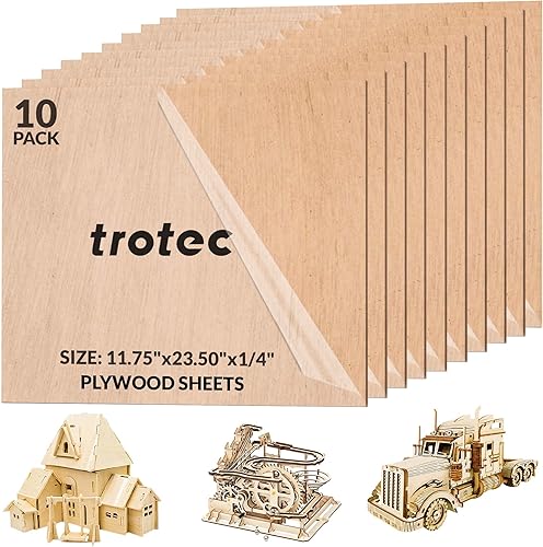 Trotec Tablero de madera contrachapada  10 piezas  Acabado sin tratar  23.50 x 11.75 x 14 pulgadas  Hojas de madera contrachapada para manualidades,