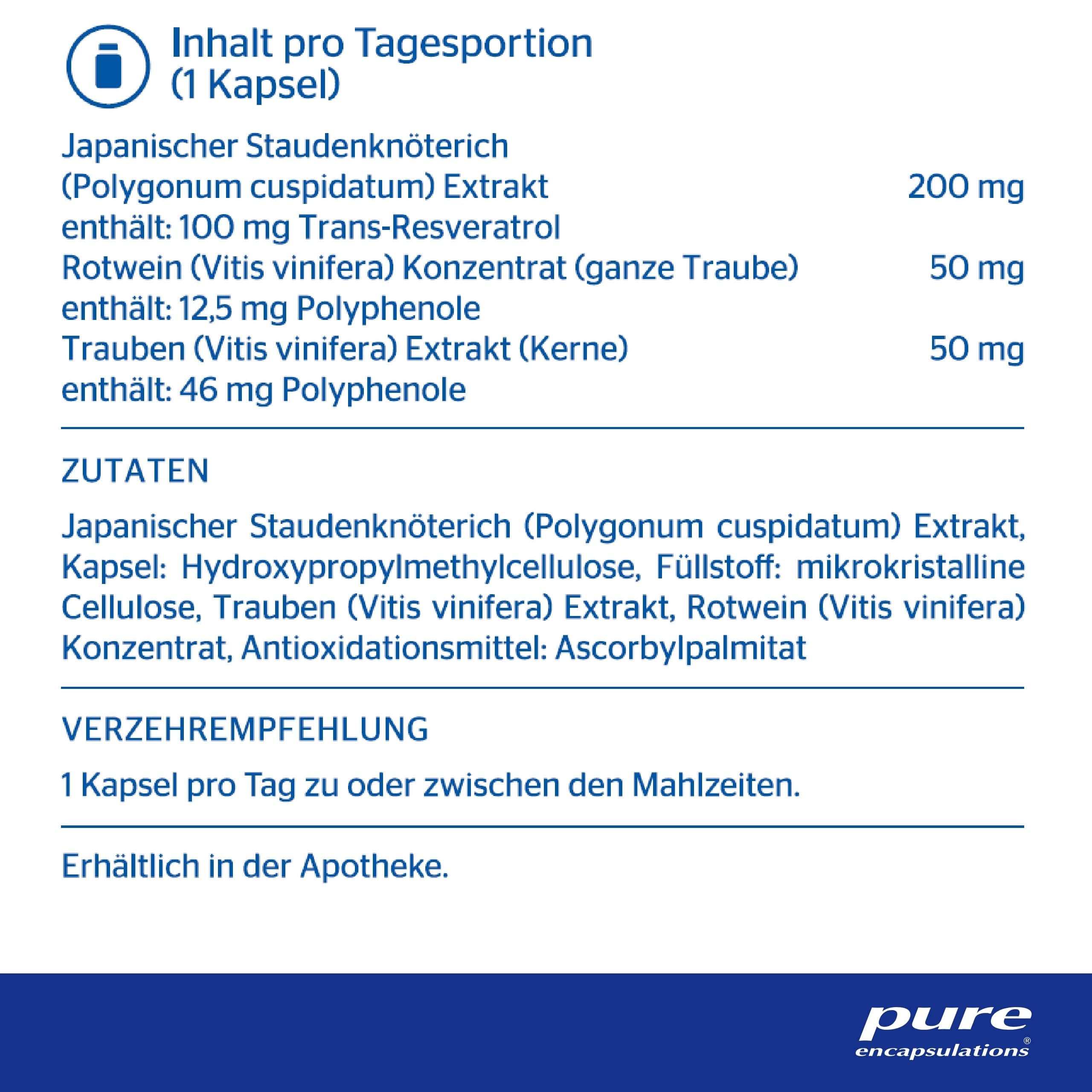 Pure Encapsulations - Resveratrol Extra - Natürliches Resveratrol mit Polyphenolen aus Traubenkern-Extrakt - Antioxidanten, Skincare - 60 vegane Kapseln