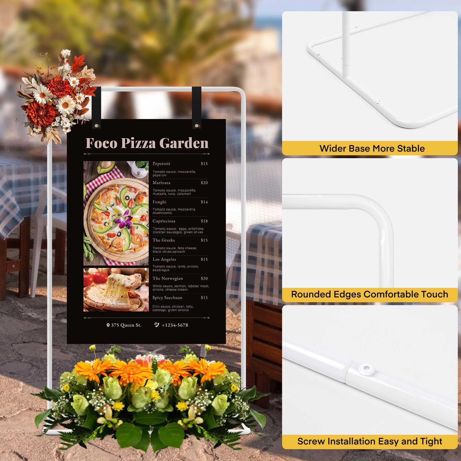 Supporto per cartelli matrimonio di 1,7M cavalletto per poster di matrimonio di festa, con luci a LED di 6M e 4 cinghie in pelle, cavalletto pesante per tabelle dei posti, ricevimenti e decorazioni
