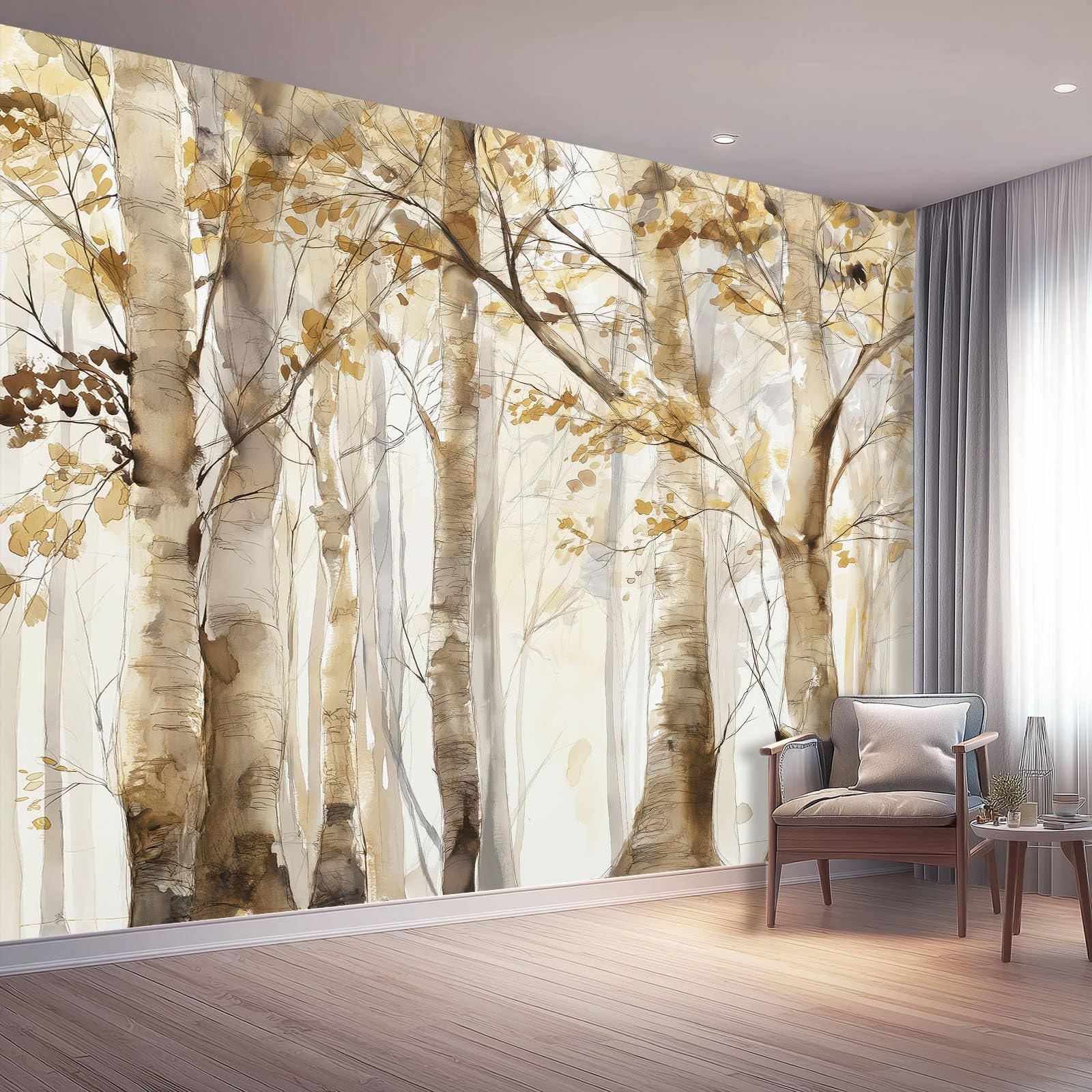 Carta da Parati Non Tessuta 300 x 210 cm（WxH, Bosco Di Betulle Acquerello Stampa Carta da Parati per Decorazione Murale - Beige Mural per Pareti Della Camera da Letto Soggiorno