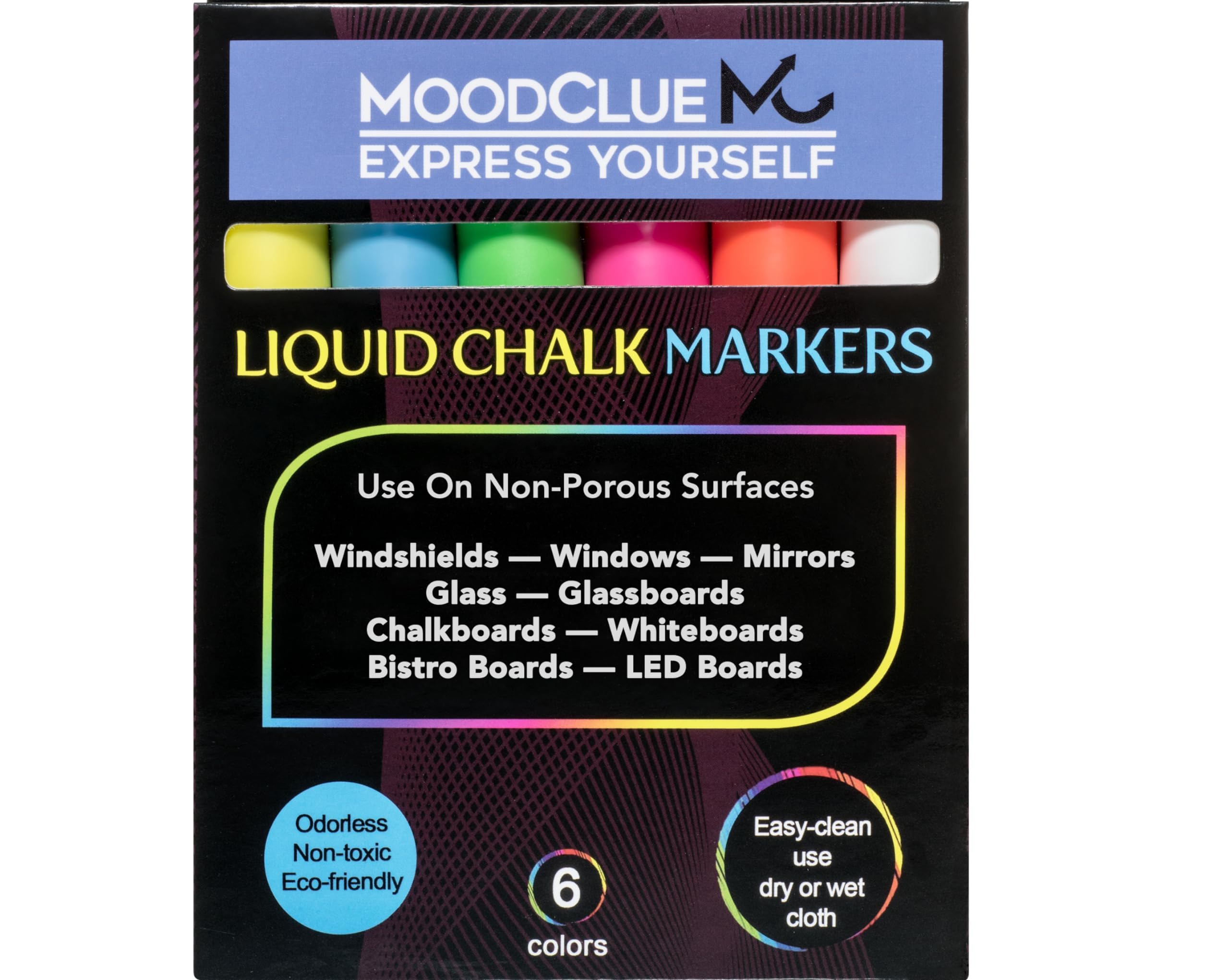 Liquid chalk markers washable, erasable, dry or wet erase. 6 neon markers for whiteboards, glass boards, mirrors, chalkboards, windows, car windshields, glass. Non-toxic, reverse tip pens