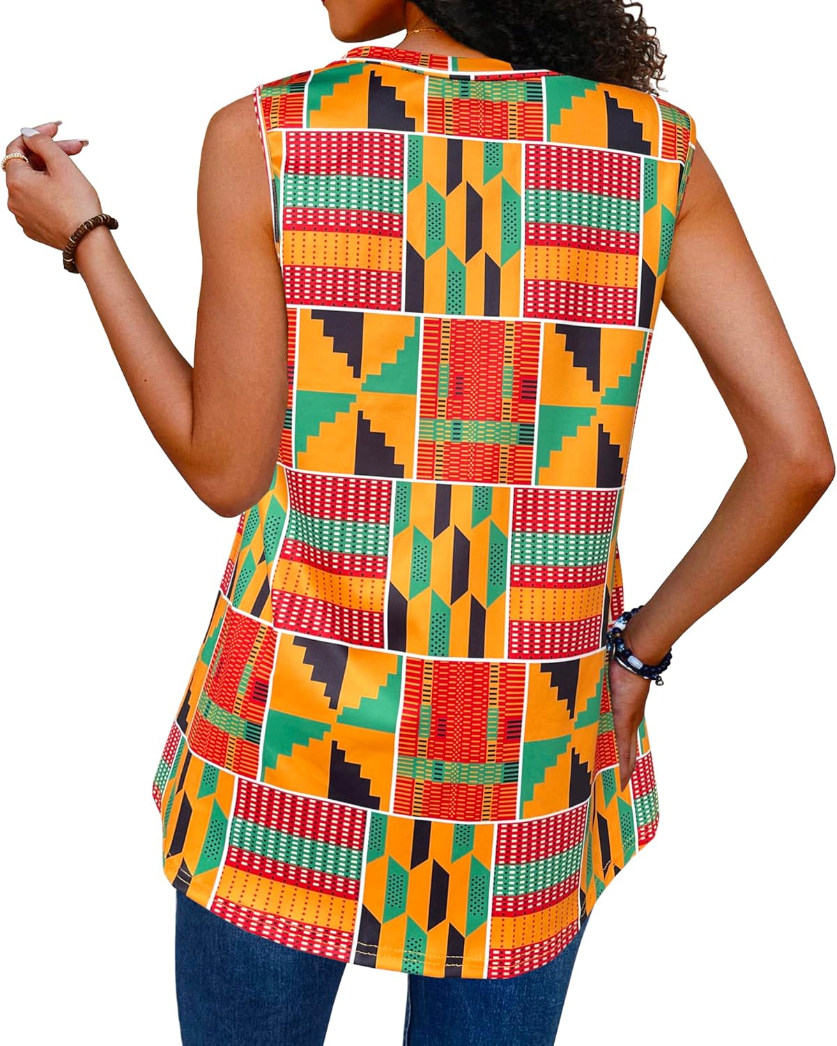 Afibi Summer Tops for Women Sleeveless V Neck Tshirt Loose Fit African Dashiki Tank Tunic Blouse - Image 4