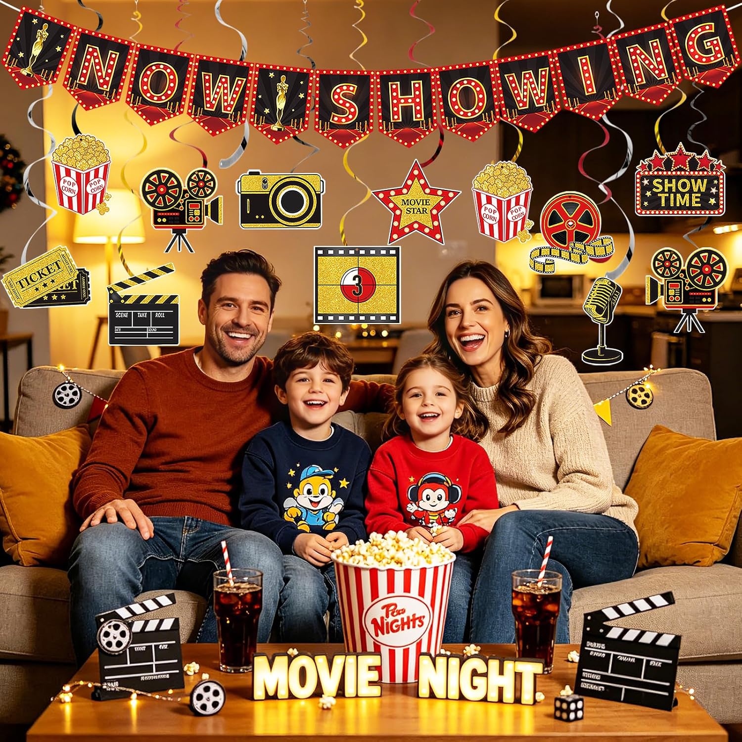42 Pieces Movie Night Party Decorations Now Showing Banner Hanging Swirls Movie Theater Hollywood Themed Sign Party Supplies Red Carpet Clapboard Film Backdrop Cutouts Party Cards Photo Booth Props