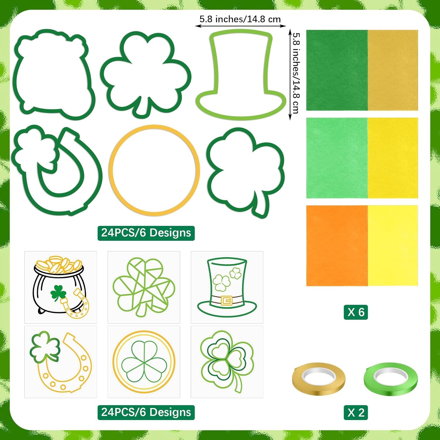 Aneco 24 Sets St. Patrick's Day Suncatchers Paper Craft Kit Shamrock Tissue Sign Craft Four Leaf Clover Hanging Decorations Window Art Ornaments Decor for Party Holiday Home Activities