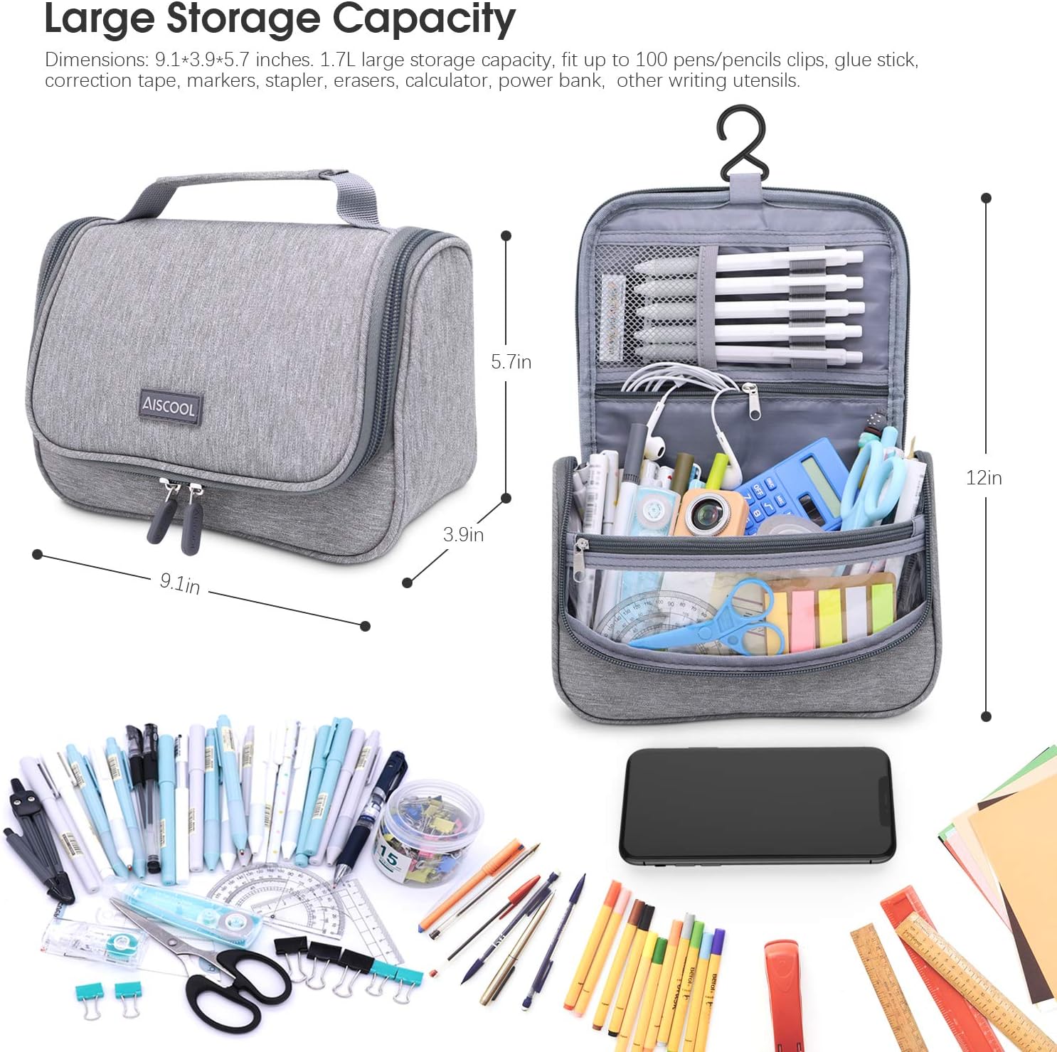 AISCOOL Big Capacity Pen Pencil Case Holder Bag Pen Organizer Pouch Stationery Box (Grey)
