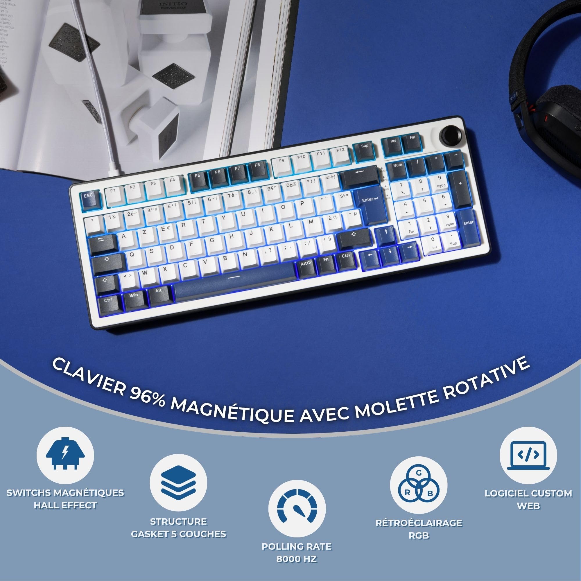 The G-Lab - KEYZ Elite 400 HE BW - Magnetyczna Klawiatura Gamingowa Hall Effect 96% AZERTY FR, Przewodowa USB, 8000 Hz Rapid Trigger, Regulowana Aktywacja 0,01 mm, PBT Hot-Swap, RGB i Makra - Win/Mac