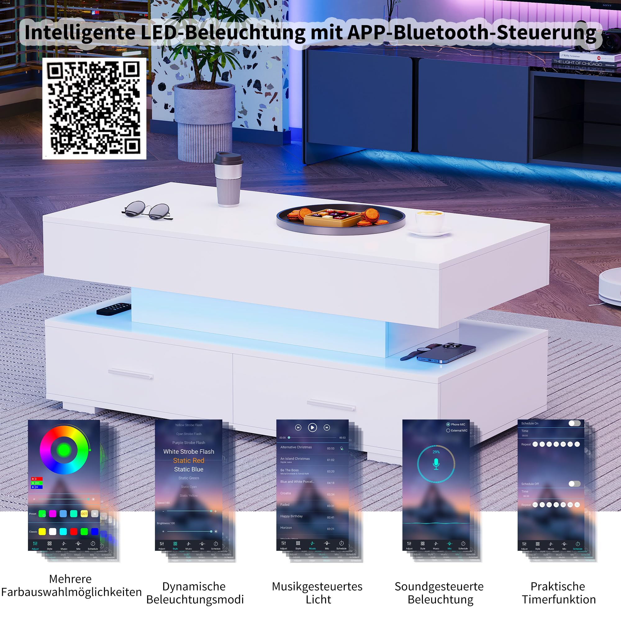 Mesa de centro hidráulica ajustable en altura, con iluminación LED, control por aplicación Bluetooth, 2 cajones y espacio de almacenamiento abierto, mesa de centro elevable (blanco)