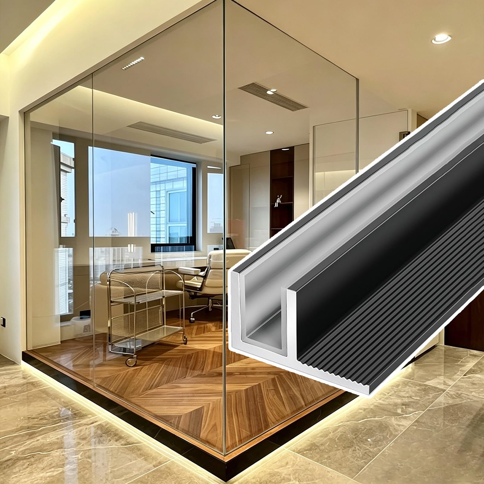 Embedded Fixing Base Track with Anti-Collision Rubber Strip, Frameless Glass Holding Channel for Office Room Divider, Customizable F-Channel(W12mm(1/2"),L2m/6.6ft)