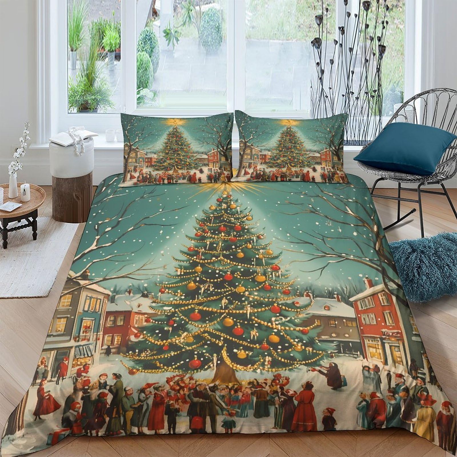 TUFRTGYHN 3D Printed Christmas Tree Duvet Cover Microfiber Soft Breathable Holiday Village Bedding Set with 2 Pillowcases for Bedroom Single（135x200cm）