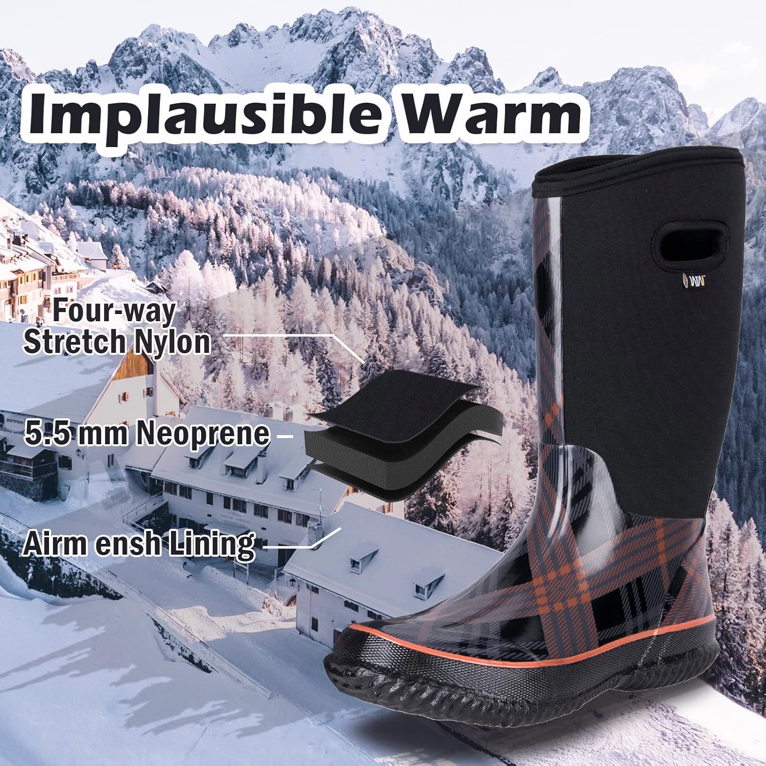 WTW Women's Rubber Rain Boots - Mid Calf Waterproof Insulated Neoprene Muck Boots Outdoor Hunting Garden Boots for Women 6 Strip