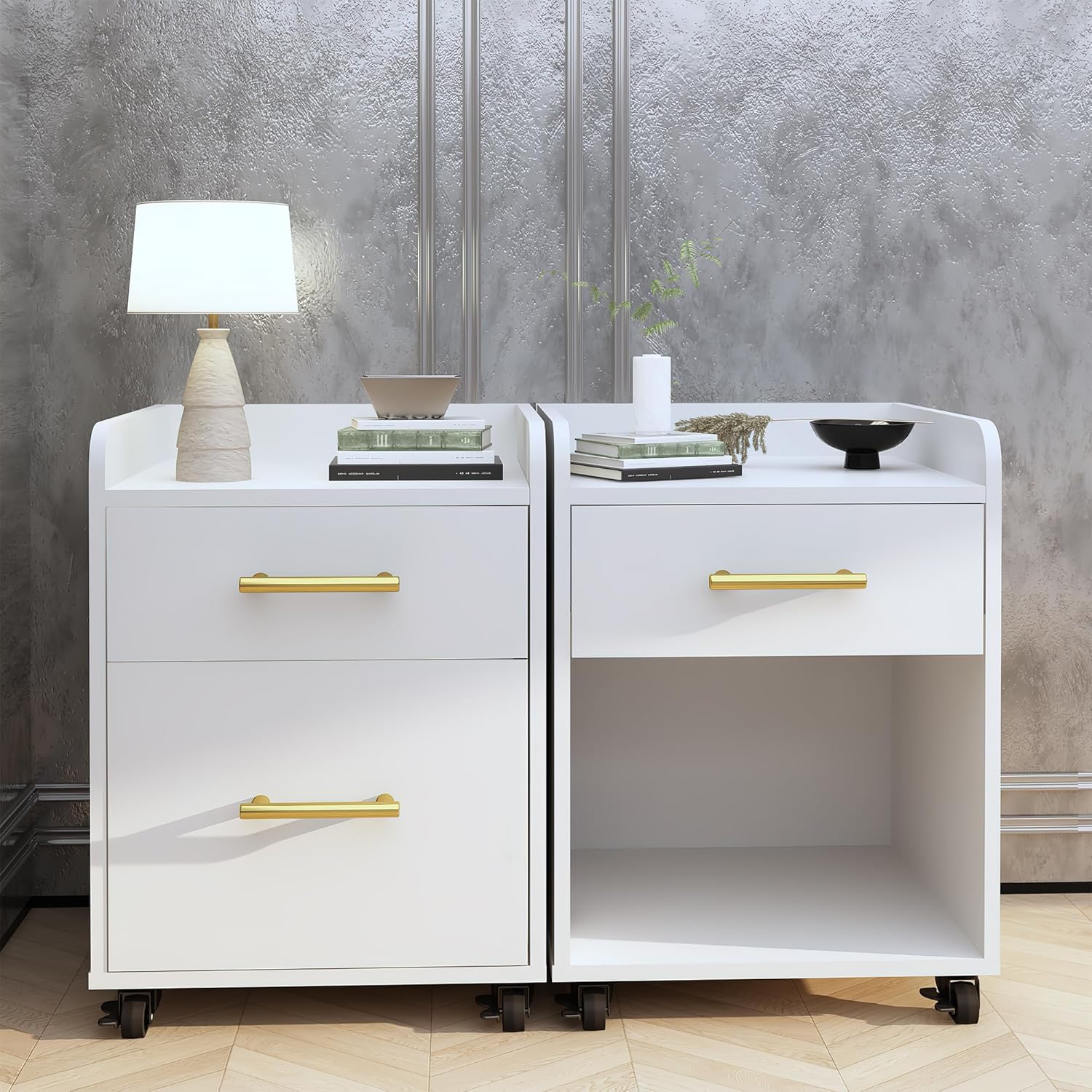 AWQM White Bedside Tables Set of 2, Nightstands on Wheels, End Table with Drawers