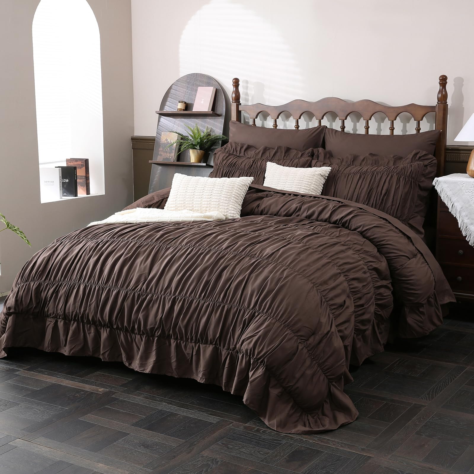 Parure de lit vintage drap housse et taies d'oreiller lit king size marron