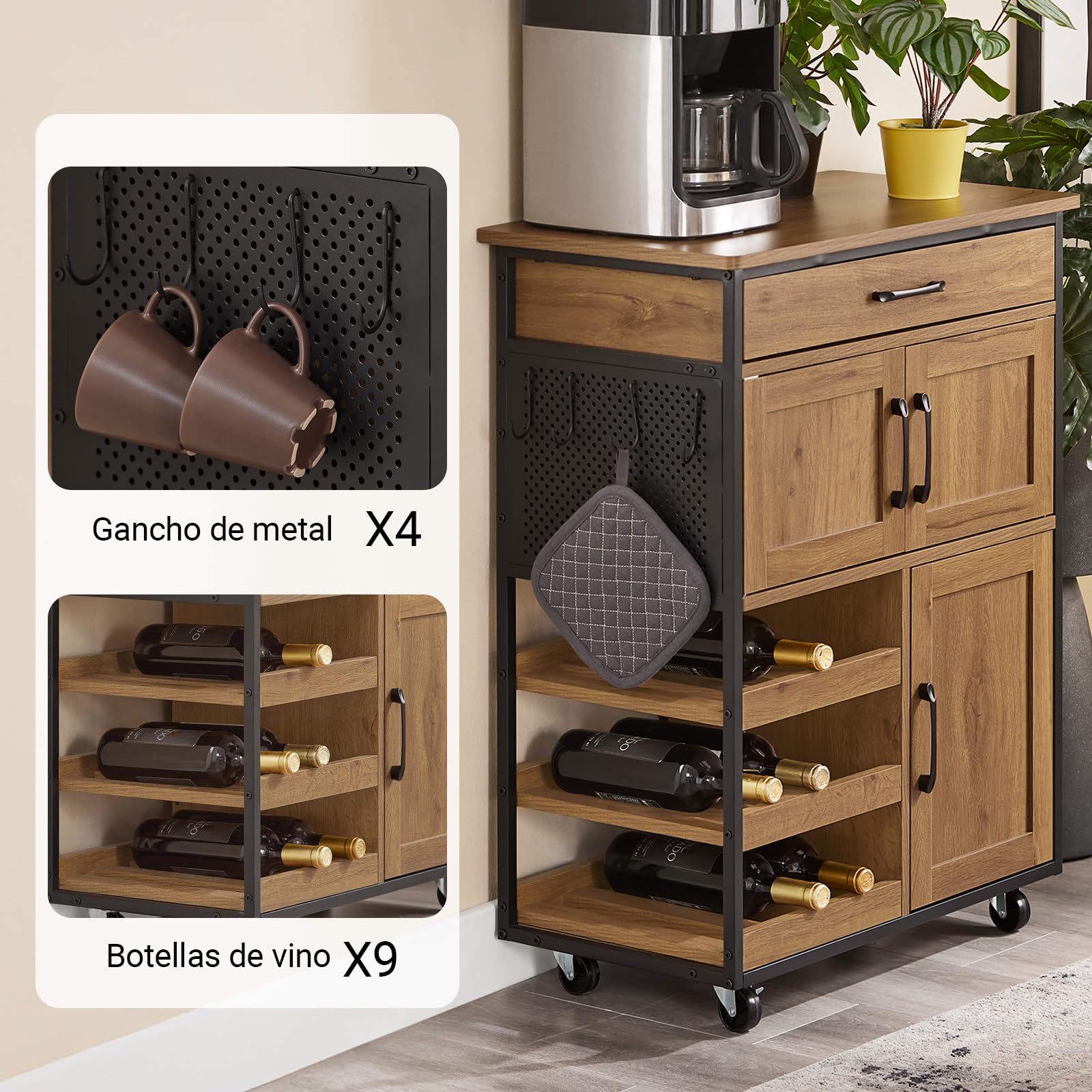 SoBuy Carrito Cocina con Ruedas con Freno & estantes Abiertos, 67x88x37cm | Carro Cocina Auxiliar con encimera, cajón & ganchos, carga 30 kg, estilo industrial, PB/metal, comedor/exterior, FKW134-N