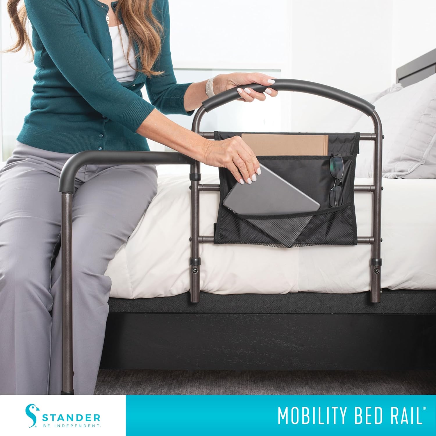 Stander Mobility Rail, Bedside Railing and Assist Bar with Swing-Out Safety Handle for Adults, Seniors, and Elderly, Guardrail with Organizer Pouch, ASTM Safety Approved Bedrail