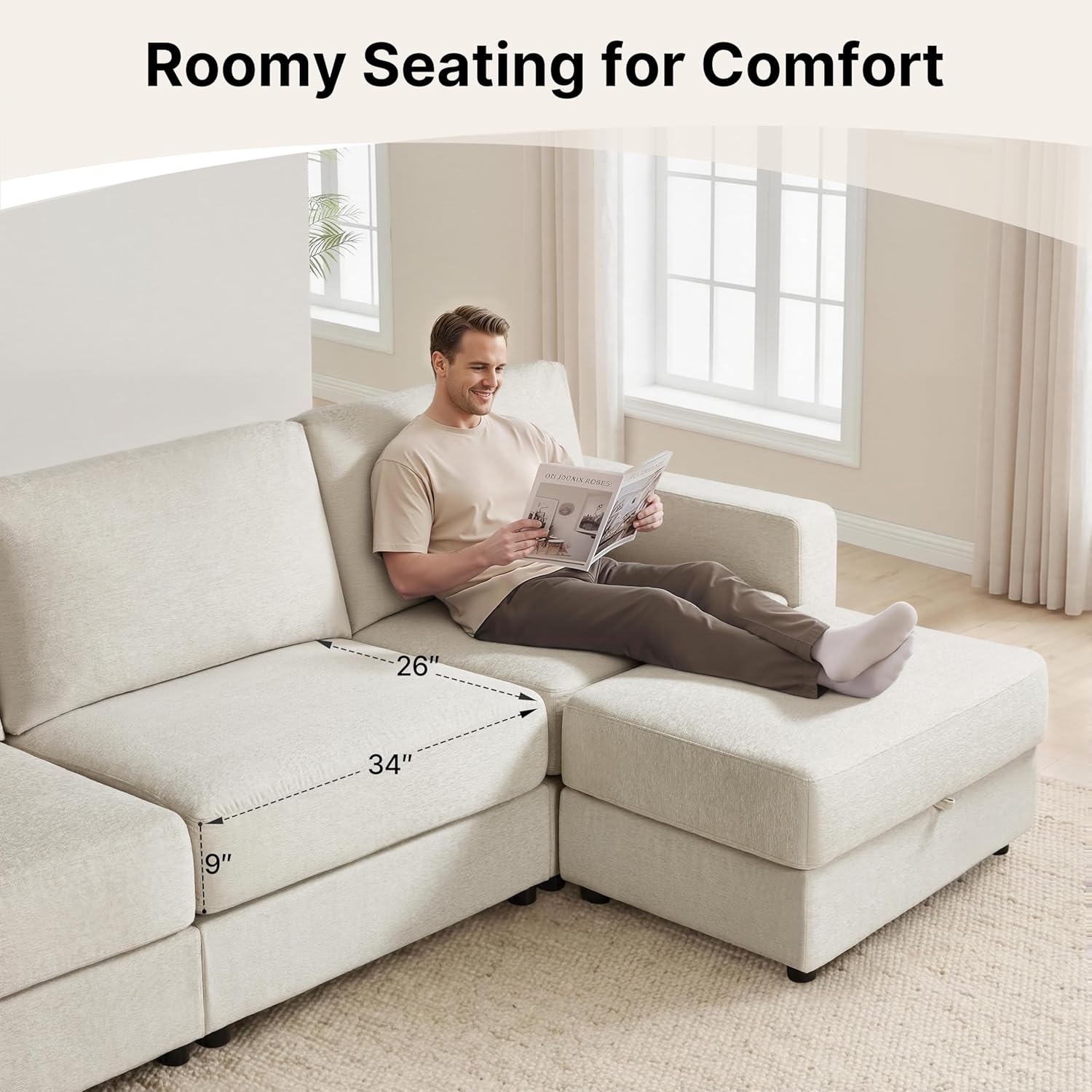 MCombo 116" Oversized Sectional Couch Sofa with Storage Ottoman, Pet-Friendly Cloud Couch with FSC Certified, 26" Deep Seat Sofa for Living Room, Chenille S6366 (Beige)