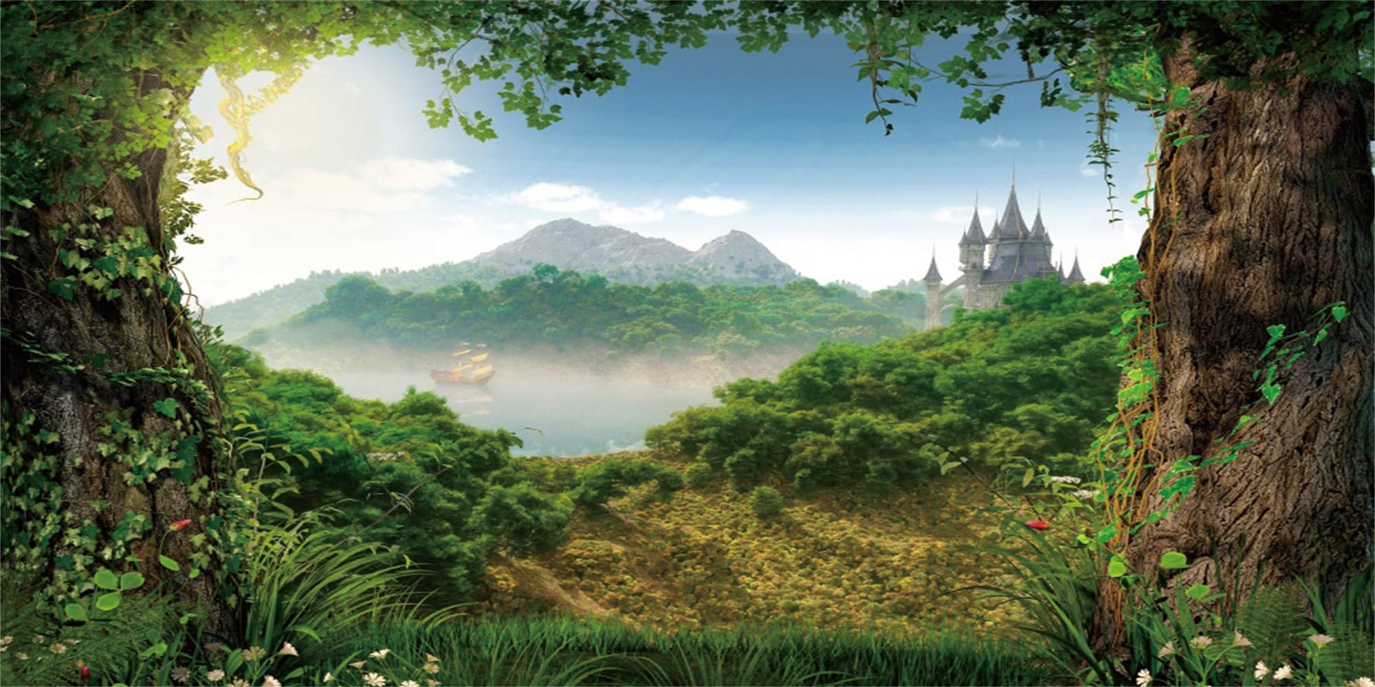MIRRORANG 76x30cm Enchanted Forest Aquarium Background Green Trees Mountain Scenery Fish Tank Background