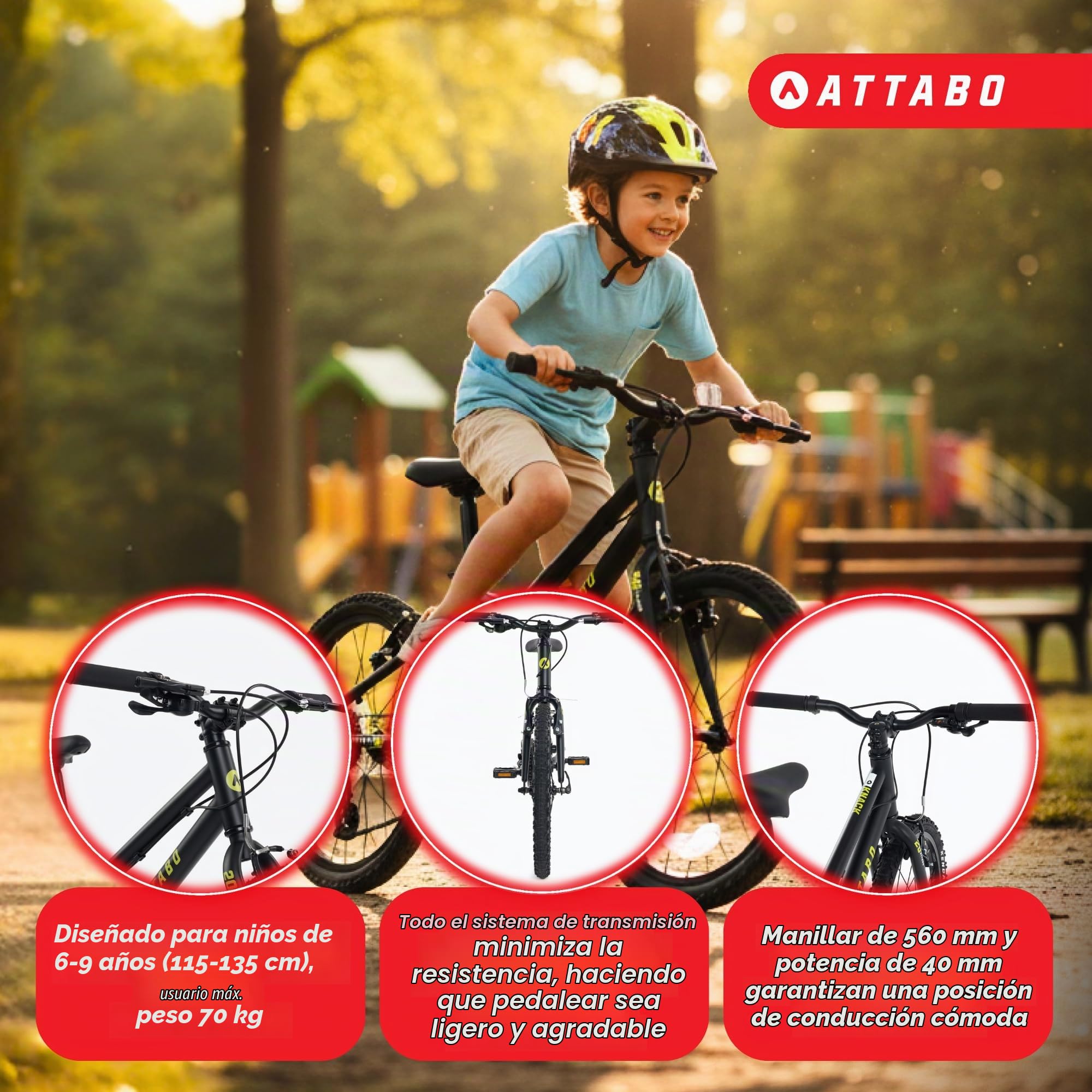 ATTABO Knack 20 - Bicicleta infantil (5 – 9 años) con marco de aluminio ligero, ruedas de 20 pulgadas, horquilla de acero, para 110 – 135 cm de altura, construcción estable, cómoda y segura en cada