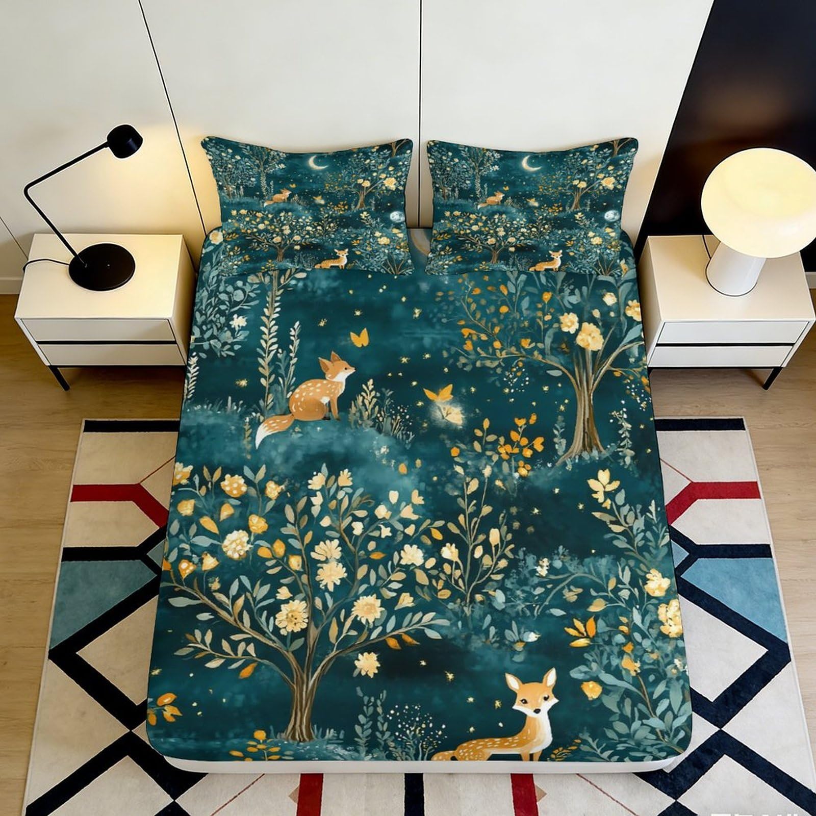 3D Printed Enchanted Forest Fitted Sheet Microfiber Fox Woodland Bed Cover for Bedroom Guest Room Decor 90x200x25cm