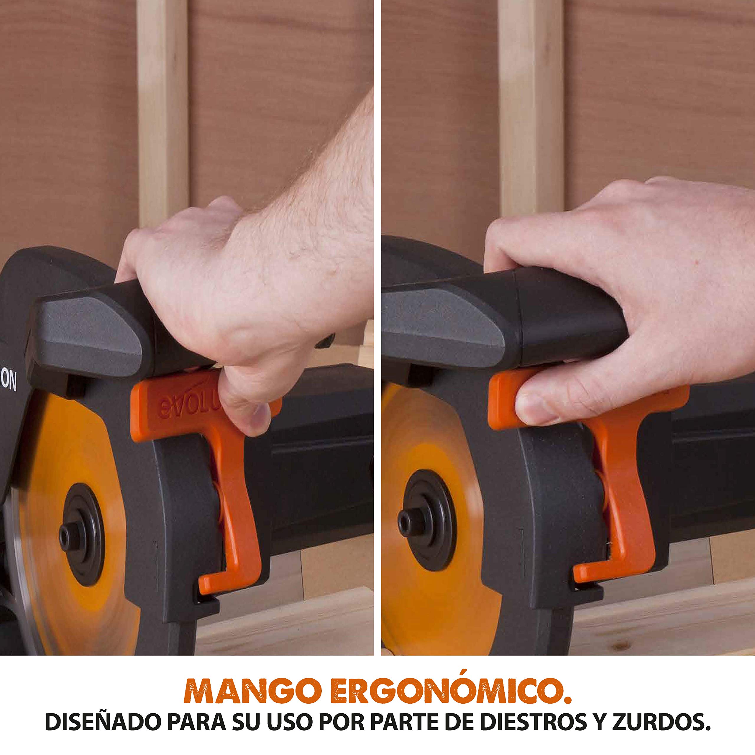 Evolution Power Tools R210CMS Multimaterial Sierra Ingletadora - Corta acero dulce, aluminio, plástico, madera con clavos incrustados, 210 mm