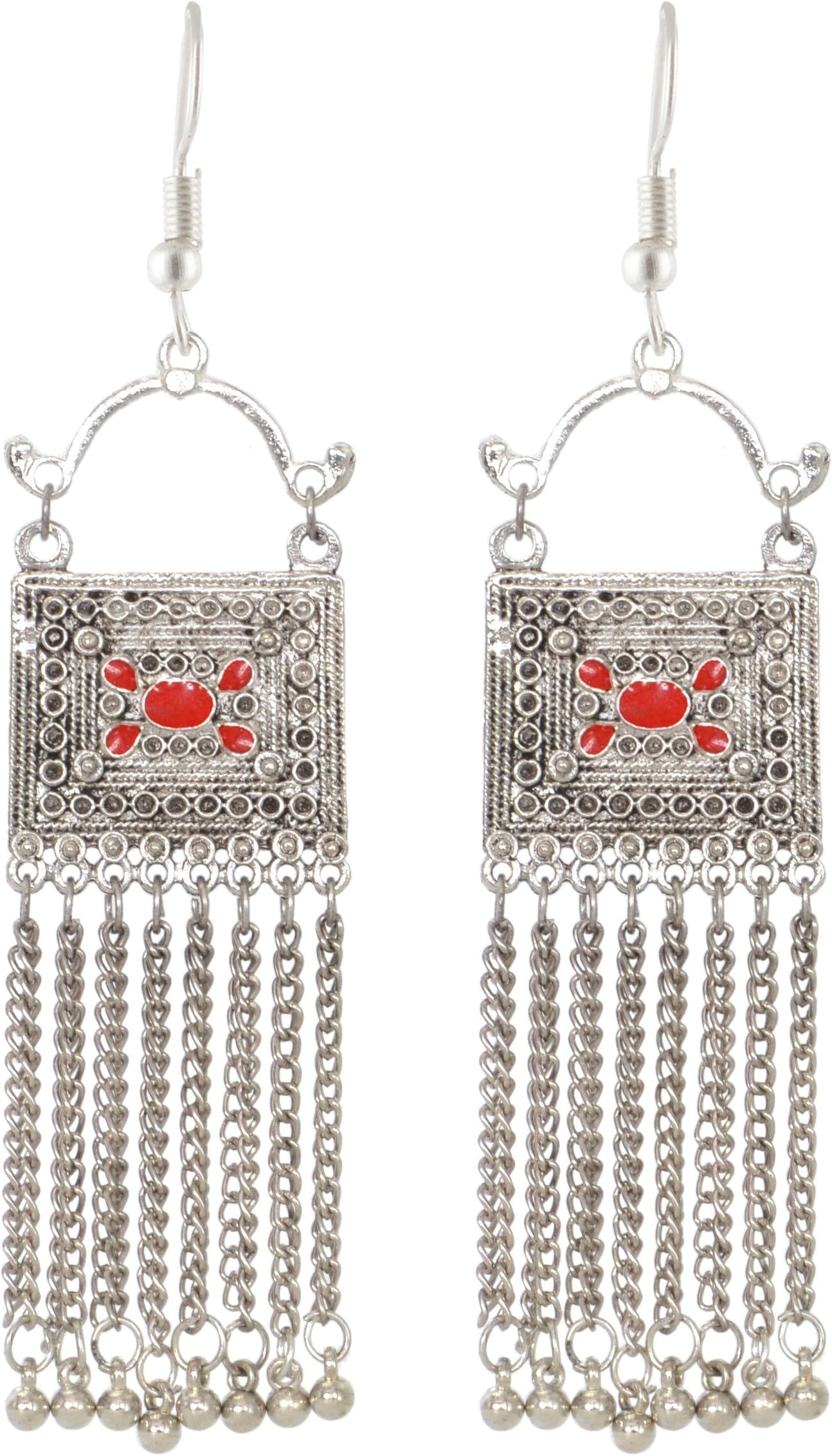 Sansar IndiaOxidized Square Tassels Afghani Indian Earrings Jewelry For Girls and Women