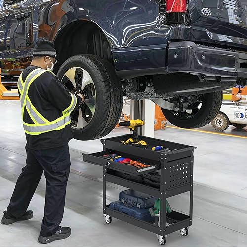 Miniatura 8 de Carrito de herramientas rodante de 3 niveles con cajones, carrito de herramientas mecánicas de capacidad de 400 libras con ruedas, carrito de