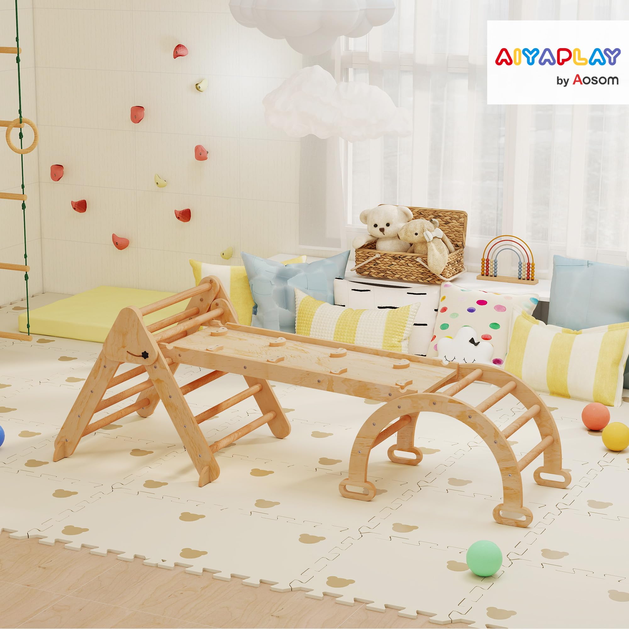 AIYAPLAY 7 en 1 Triángulo de Escalada Montessori con Arco y Rampa, Escalada para Niños de Madera Plegable, para 18-48 Meses, para Deslizarse o Escalar, 188x70 cm, Natural