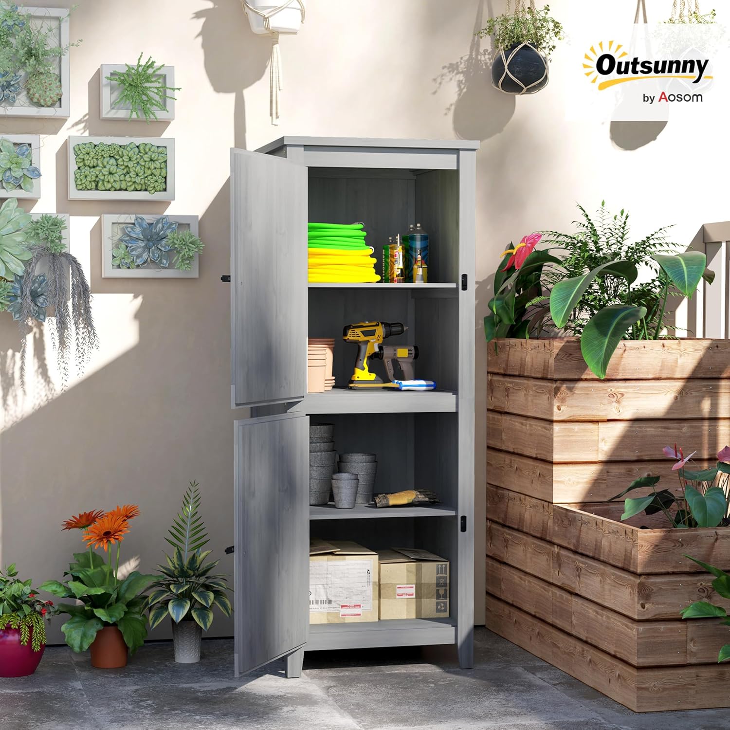 Outsunny Wooden Garden Storage Cabinet with doors open, showing internal shelves