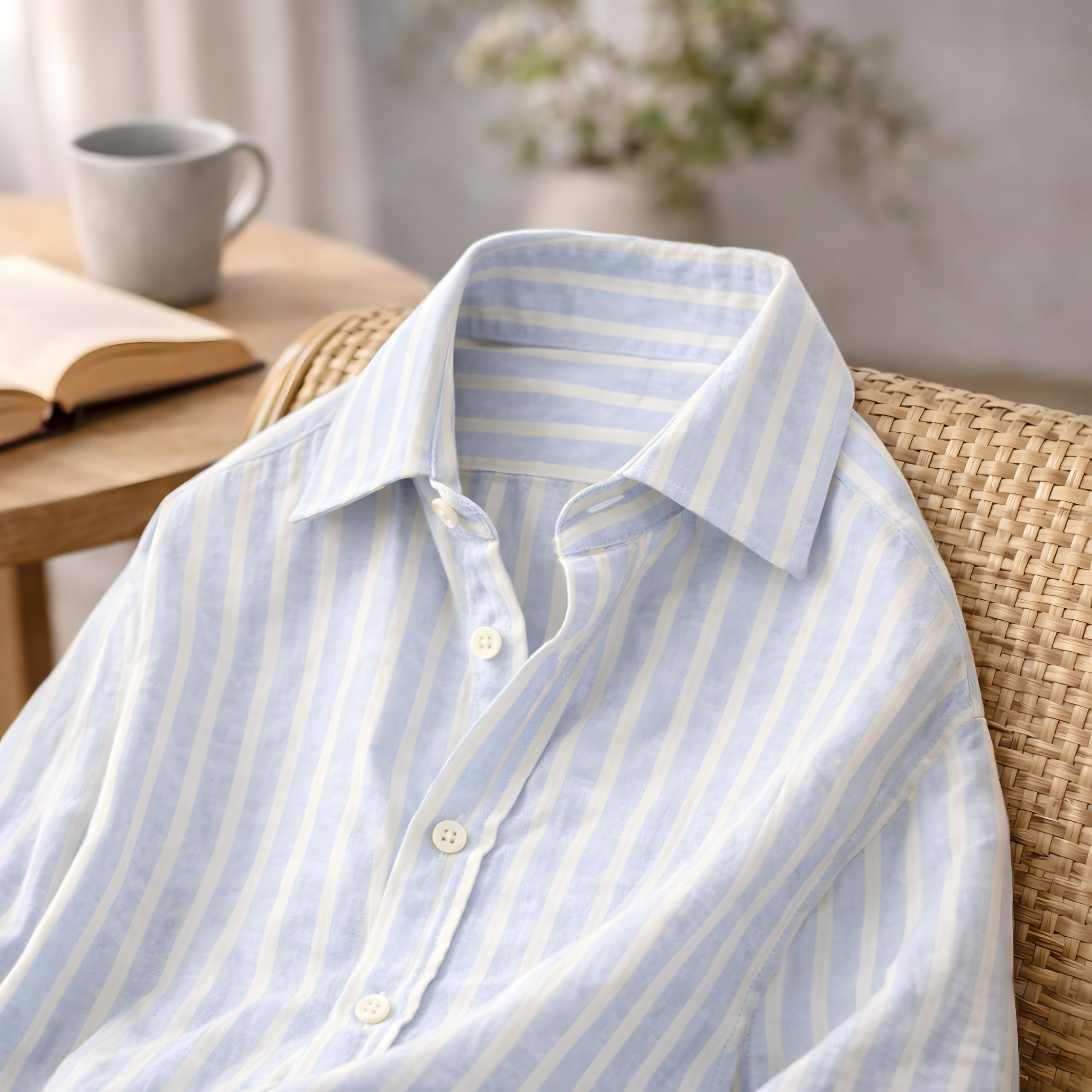 Camisa de Rayas para Hombre, 100% Lino, Manga Larga, Ajuste Regular/Slim Fit, Estilo Casual y Elegante, Transpirable para Verano.